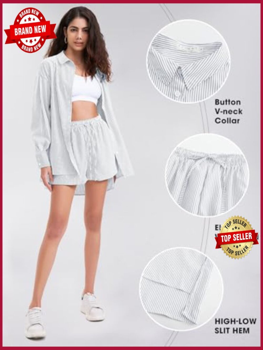Women's Long Sleeve Button Down Shirt & Short Set Summer Two Piece - Picture 2 of 7